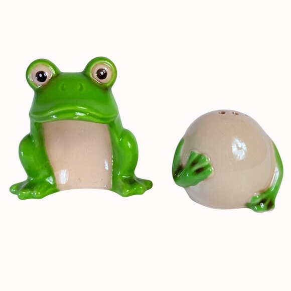 Frog Salt Pepper Shakers Stoneware Kitschy Retro Novelty Kitchen Decor Green - Picture 2 of 13